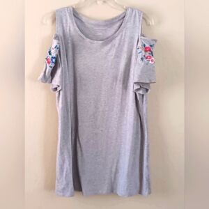 3/10 Embroidered Cold Shoulder Tunic Tee L Gray Floral Woman Within